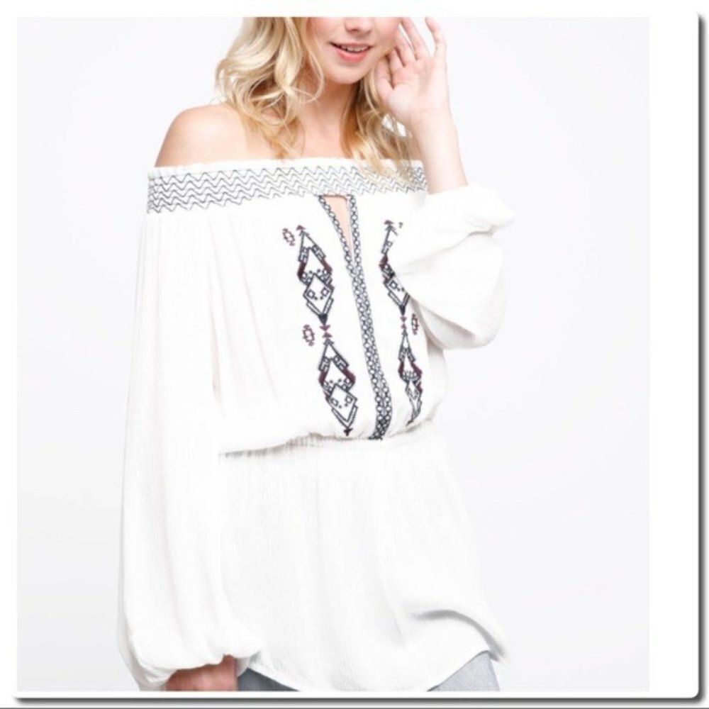 𝅺boho Off Shoulder Embroidered Blouse White & Black - Picture 4 of 10